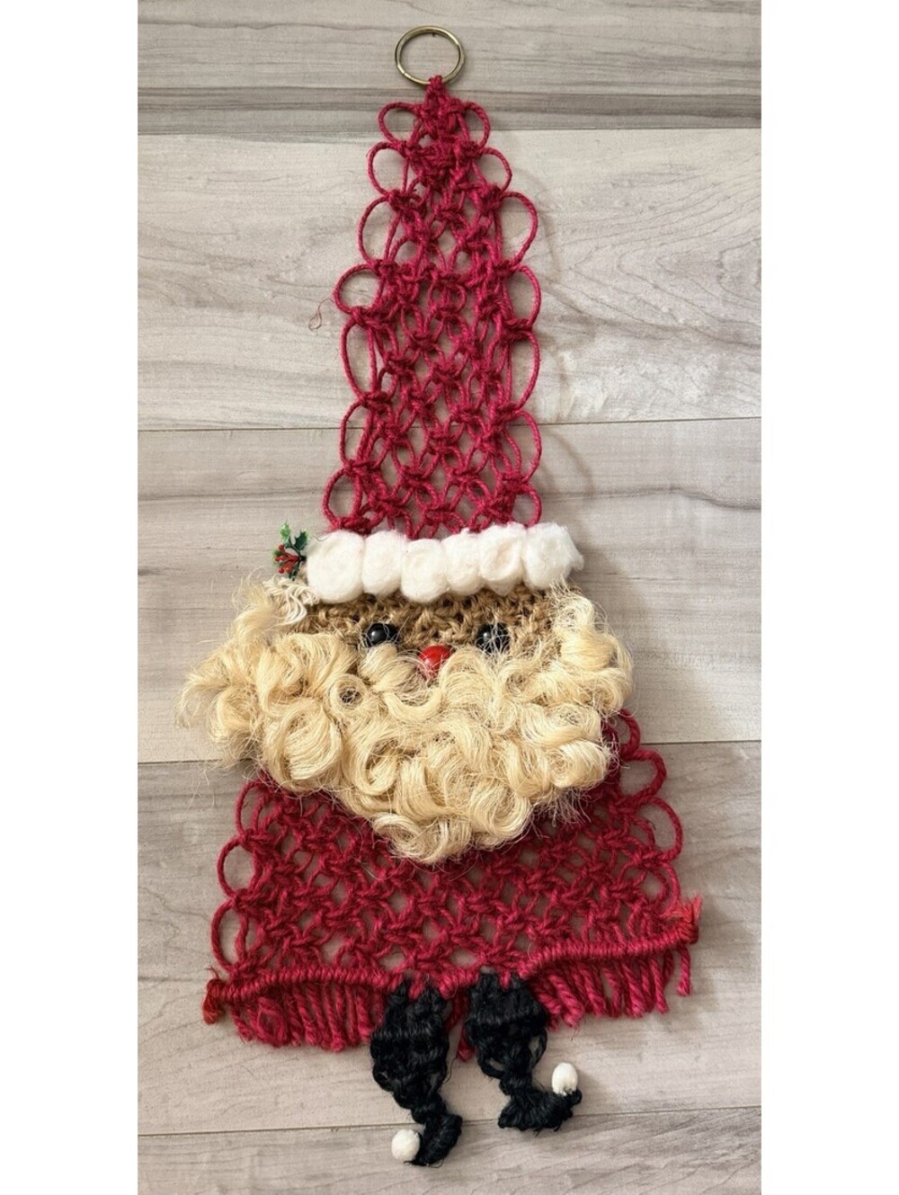 Vintage Handmade Macrame Santa Wall Hanging Christmas Decor
